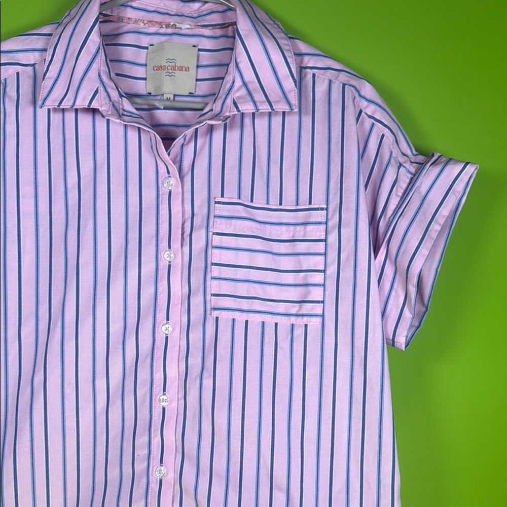 Elegant Pink and Blue Striped Midi blouse - Picture 3 of 12